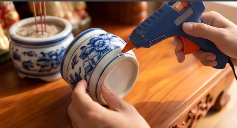 Bát hương sứ men lam được nhỏ keo nến dưới đáy để cố định chắc chắn trên khảm thờ