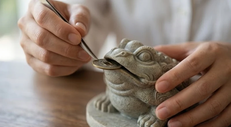 Thiềm thừ phong thủy tuổi Ngọ: màu sắc và phương vị an vị 13 Thao tác dán keo chuyên dụng để cố định lại đồng xu cổ ngậm trên miệng thiềm thừ đảm bảo chắc chắn