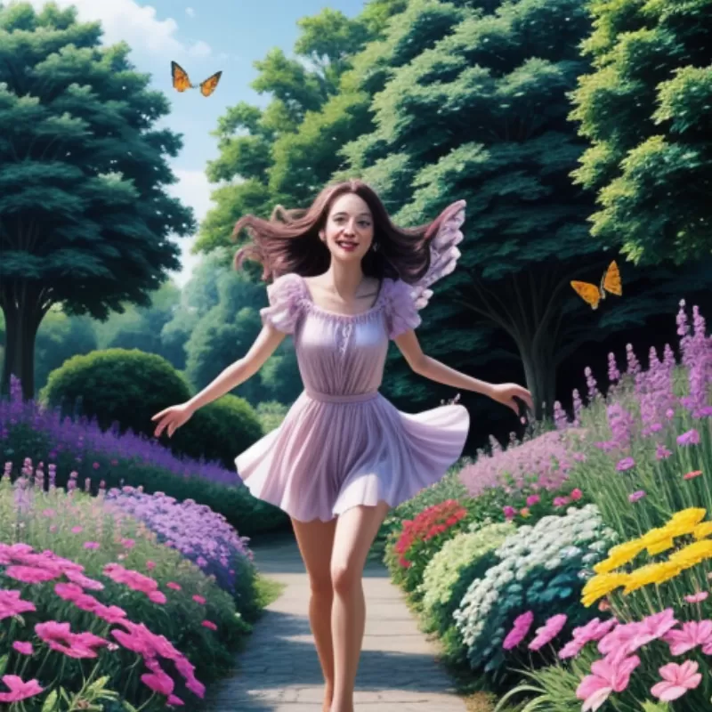 Cô gái đang rượt đuổi bướm trong vườn hoa