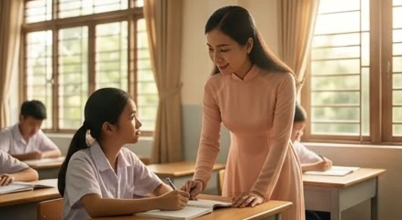 Giáo viên chủ nhiệm đang ân cần hướng dẫn học sinh làm bài tập tại lớp học