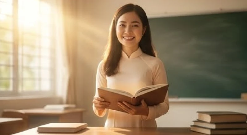 Cô giáo mỉm cười hiền hậu khi giảng bài trên bục giảng với ánh sáng rực rỡ