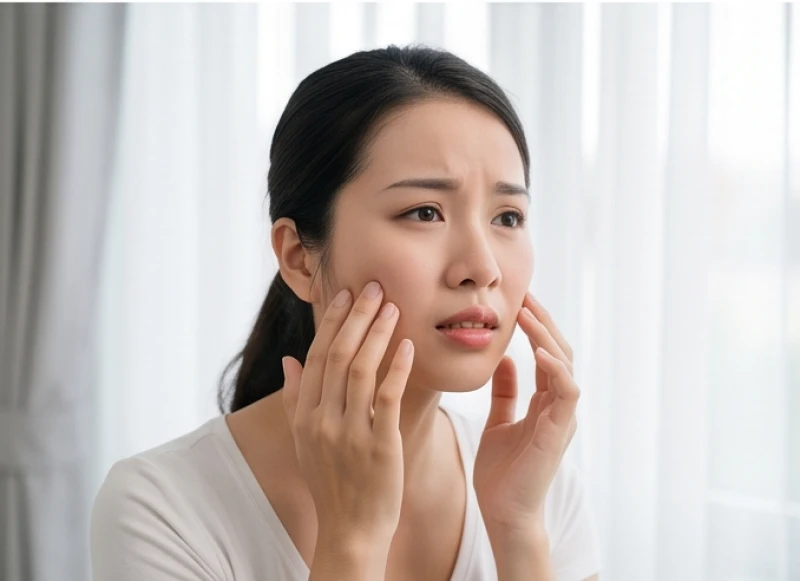 Môi giật là điềm gì: Bảng tra cứu 12 khung giờ và y khoa 8 Cận cảnh người phụ nữ dùng tay xoa bóp nhẹ một bên má đang bị căng cứng và co giật