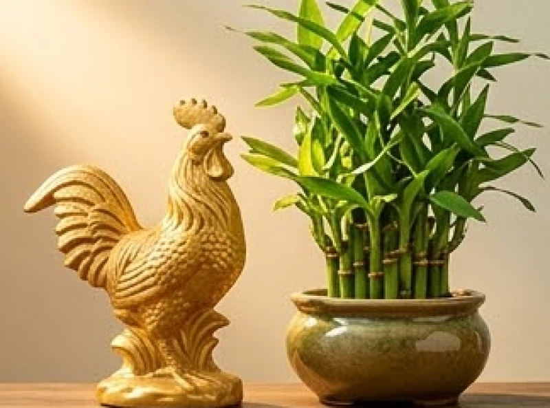 Khóm trúc xanh vươn mình mạnh mẽ bên cạnh bức tượng gà bằng gốm sứ mạ vàng biểu trưng cho sự phát triển vững vàng