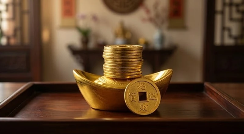 Ba đồng xu phong thủy xếp chồng ngay ngắn trên thỏi vàng đúc truyền thống bóng bẩy
