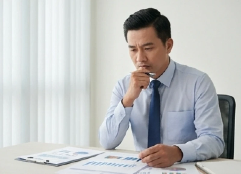 Người đắn đo suy nghĩ trước các quyết định đầu tư rủi ro lớn tại không gian làm việc chuyên nghiệp