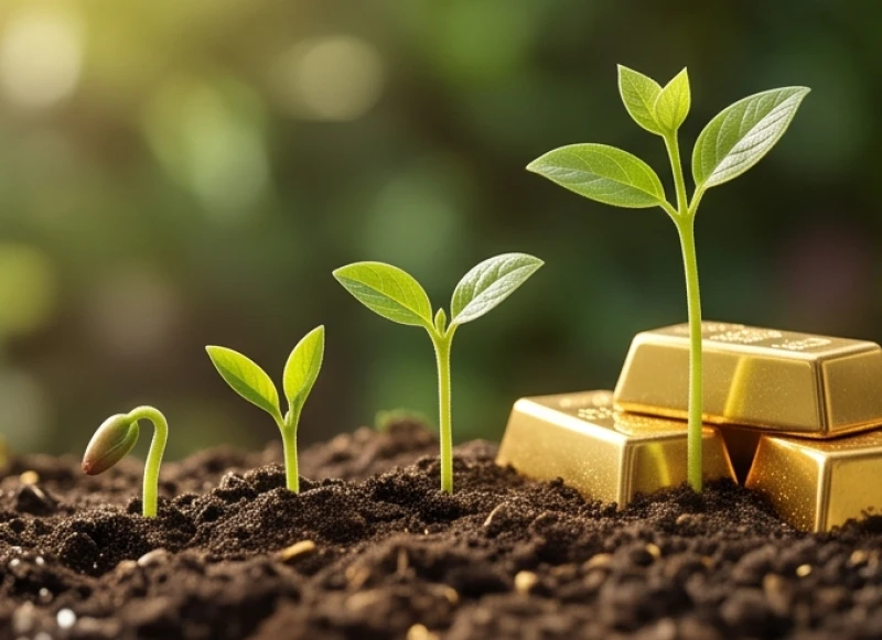 Những mầm cây xanh tươi vươn lên từ lớp đất ẩm cạnh những thỏi vàng lấp lánh rực rỡ