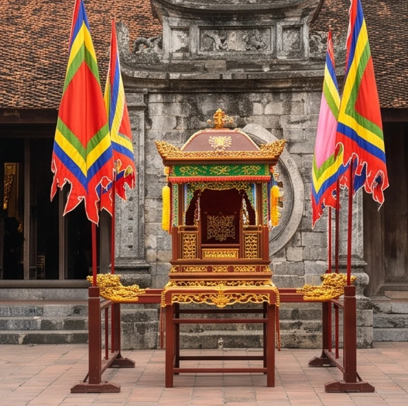 Mơ Thấy Đi Lễ Đền Là Điềm Báo Gì? Giải Mã Chi Tiết & Số Lộc 4 Những lá cờ hội rực rỡ và kiệu rước truyền thống được bài trí uy nghiêm trước sân đền
