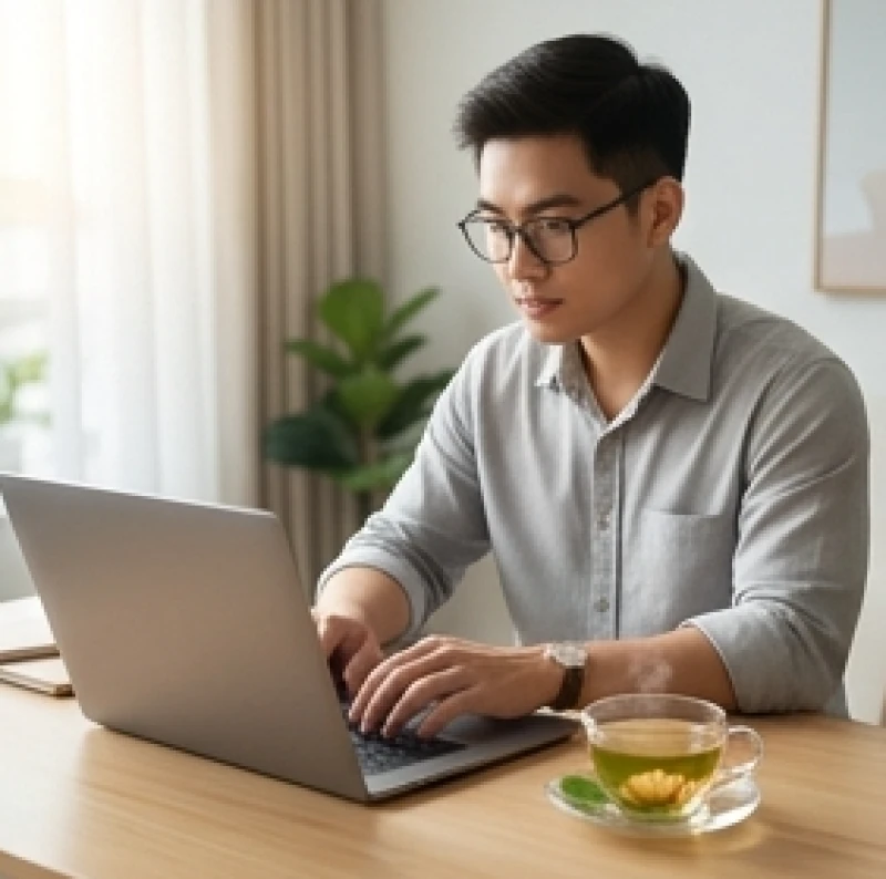 Một người đang làm việc tập trung bên màn hình máy tính với cốc trà ấm