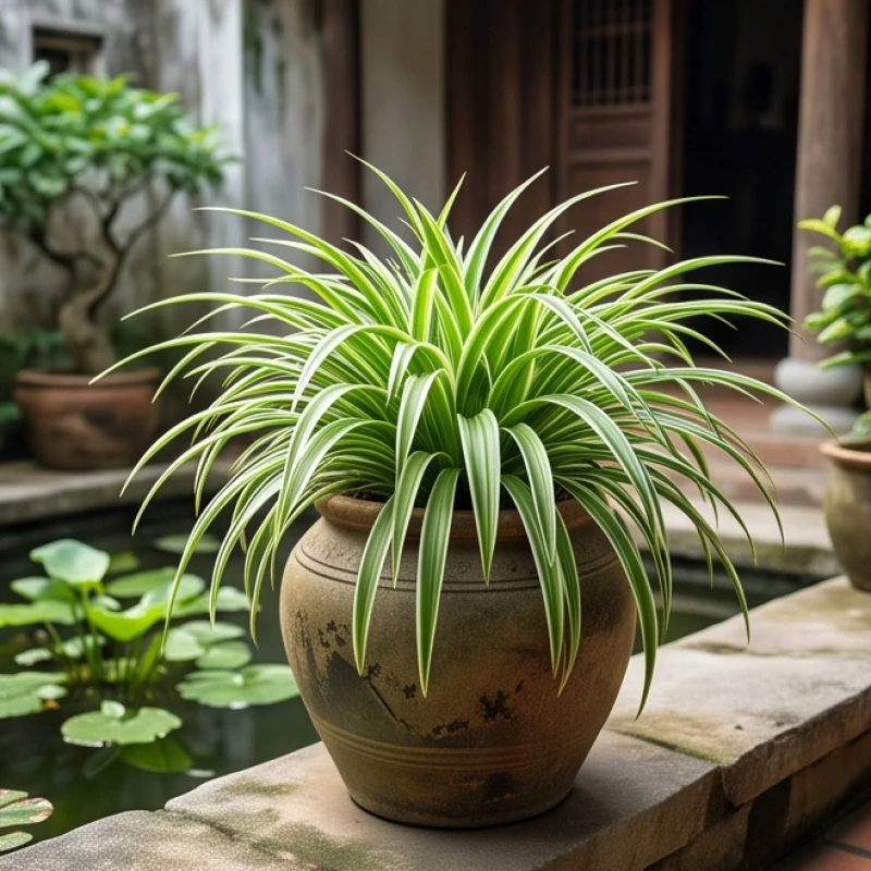 Tiểu cảnh nước tĩnh ngoài trời kết hợp với chậu cỏ lan chi xanh tốt tươi mát