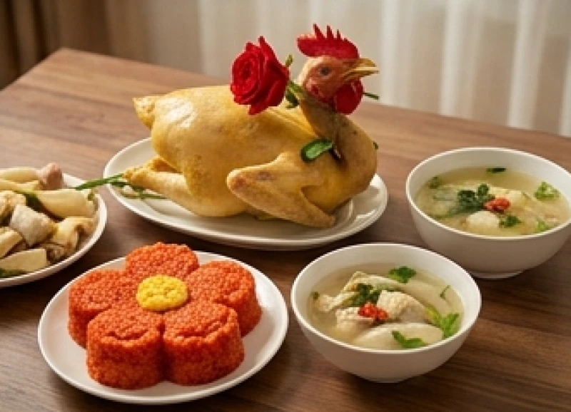 Mâm cỗ mặn cúng gia tiên rằm tháng Tám với gà luộc và xôi gấc