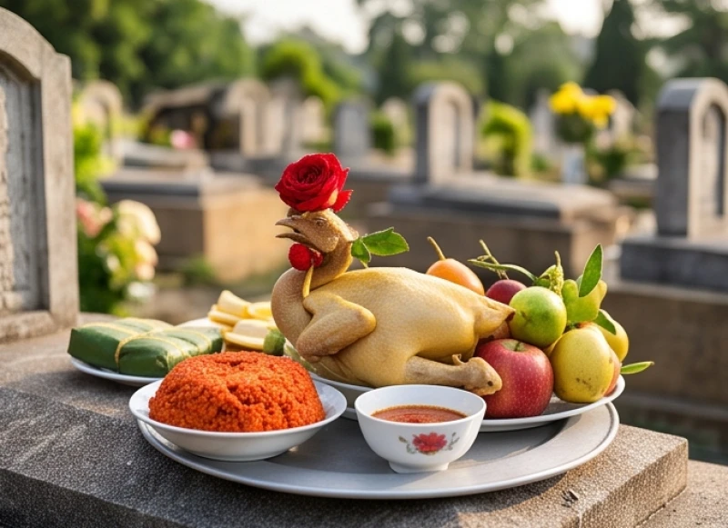 Văn khấn tạ mộ đầu năm: Bài cúng chuẩn và quy trình hạ lễ 5 Mâm cỗ mặn dâng gia tiên tiền tổ ngoài mộ với gà luộc ngậm hoa hồng, đĩa xôi gấc đỏ tươi và mâm ngũ quả đẹp mắt