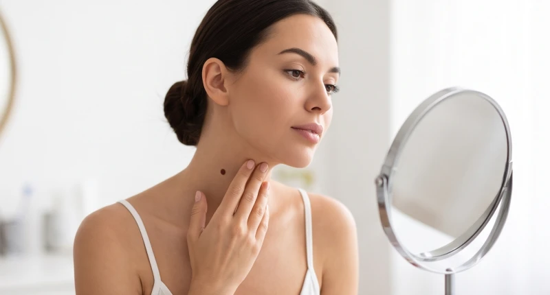 Người phụ nữ soi gương cân nhắc việc loại bỏ nốt ruồi lớn ở cổ để cải thiện thẩm mỹ