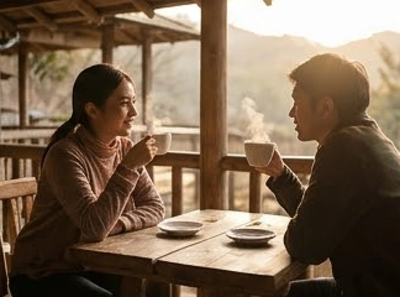 Mơ thấy đi du lịch: Giải mã điềm báo và bảng tra cứu con số 6 Hai người ngồi trò chuyện thân mật bên ly cà phê bốc khói tại một trạm dừng chân ven đường