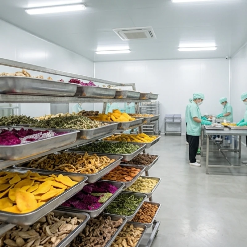 Các khay nông sản sấy khô đặc sản địa phương được phân loại đóng gói trong nhà xưởng sạch sẽ