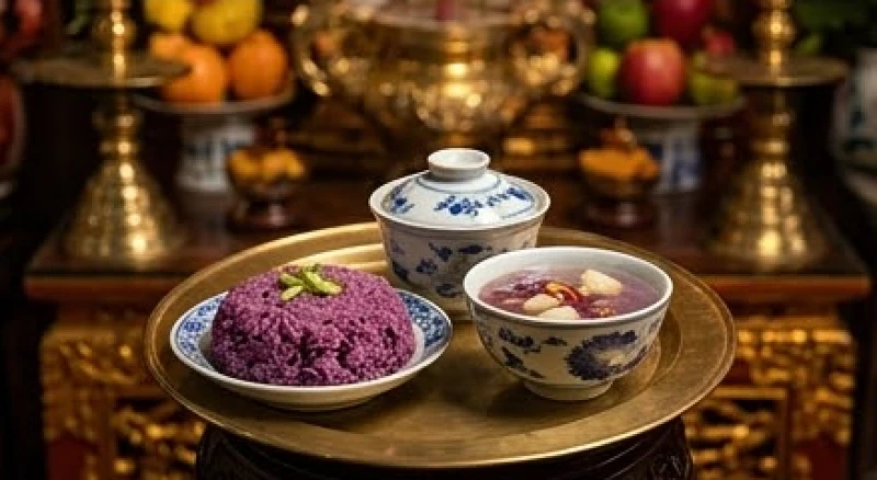Mâm cỗ chay đặc sản dâng Ban Sơn Trang với xôi chè nếp cẩm được bày trí thanh tịnh, đẹp mắt