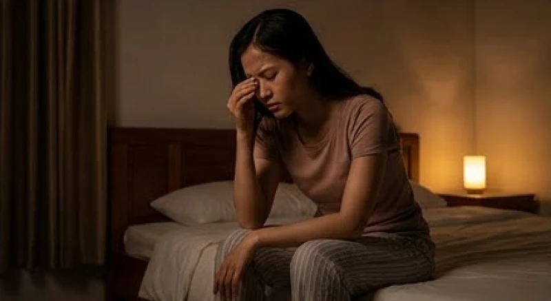 Người phụ nữ lộ vẻ mệt mỏi và cạn kiệt năng lượng khi ngồi trên mép giường