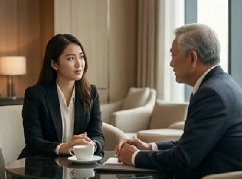 Nữ chủ tịch tuổi Dần lắng nghe lời khuyên chiến lược từ một cố vấn kinh doanh lớn tuổi mang năng lượng điềm đạm