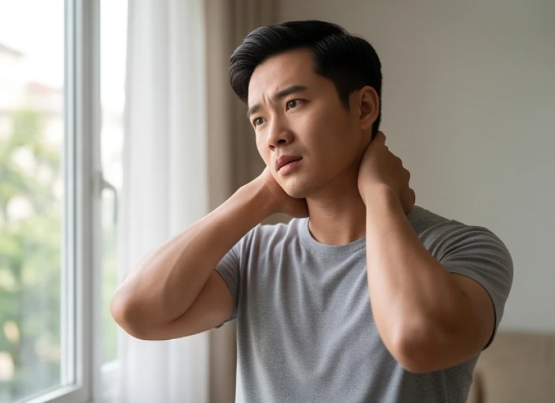 Người đàn ông đưa tay chạm vào vùng gáy cổ sau khi cảm nhận được sự co giật cơ bắp bất ngờ xuất hiện