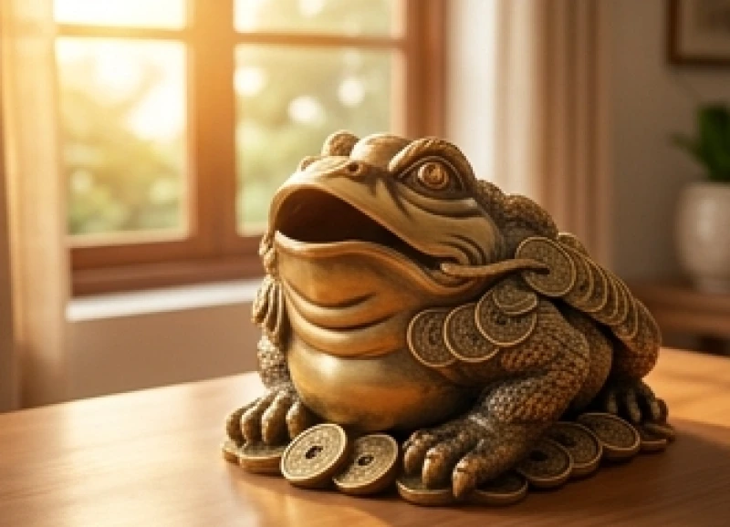 Tượng cóc ba chân há rộng miệng không ngậm tiền với hai xâu tiền lớn bên hông.