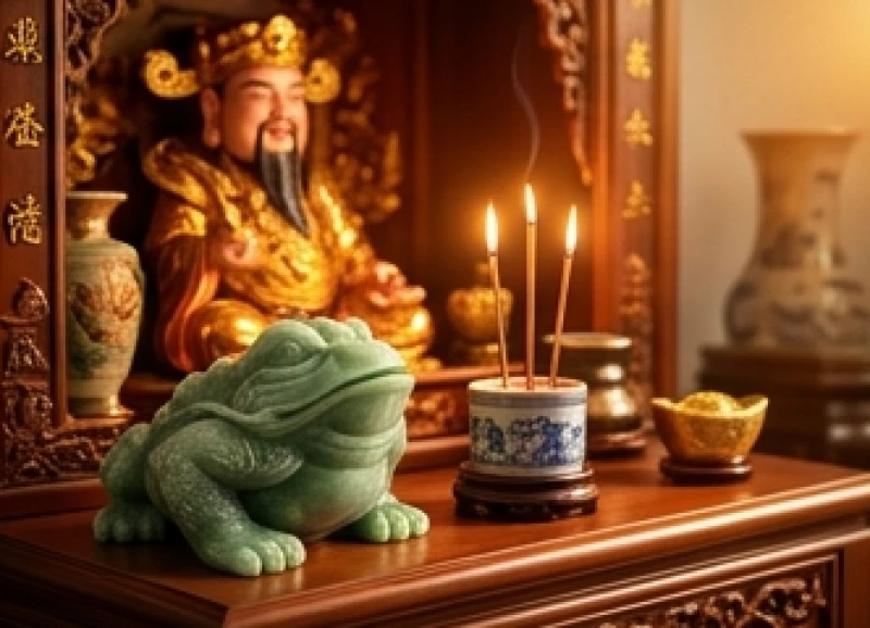 Tượng thiềm thừ được bài trí gọn gàng ở góc phía trước bên cạnh bàn thờ Thần Tài.