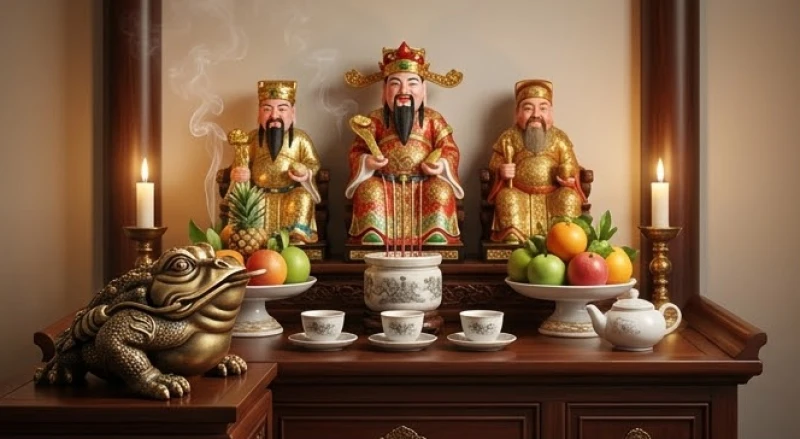 Tượng thiềm thừ được an vị trang nghiêm cạnh mâm bồng trên bàn thờ Thần Tài Thổ Địa