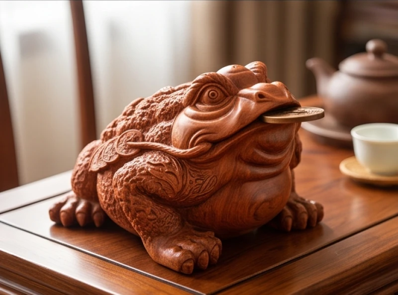 Thiềm thừ phong thủy tuổi Mão: tra cứu màu hợp mệnh, giá và cách an vị 8 Tượng cóc ngậm tiền điêu khắc thủ công tinh xảo từ khối gỗ hương với đường vân gỗ nổi bật