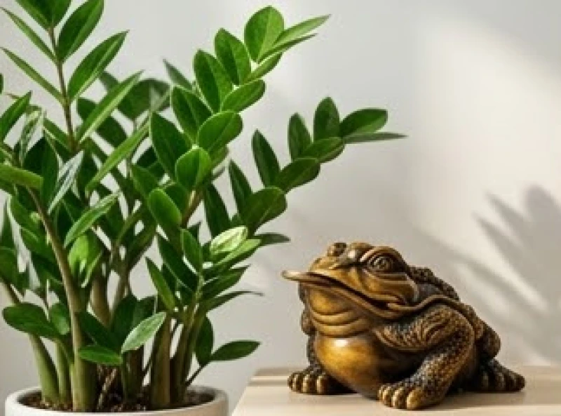 Thiềm thừ màu vàng sậm đặt cạnh cây kim tiền dành cho người mang mệnh Kim