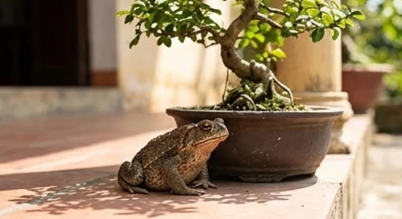 Cóc Vào Nhà Là Điềm Gì: Giải Mã Phong Thủy & Cách Xử Lý An Toàn 7 Cóc lớn ngồi bệ vệ dưới bóng râm của chậu cây bonsai đặt trên bậc thềm trước cửa nhà