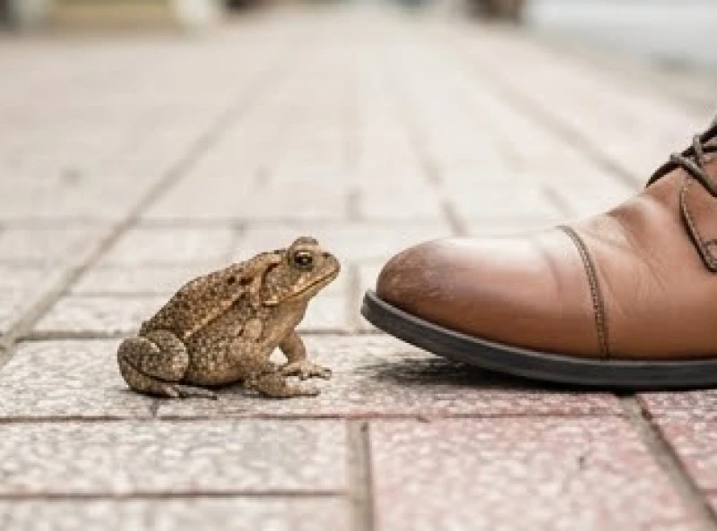 Gặp Cóc Ngoài Đường Là Điềm Gì? Giải Mã Tâm Linh & Điềm Báo 5 Cóc nhỏ tiến lại sát gần chiếc giày của người đi bộ trên vỉa hè lát gạch