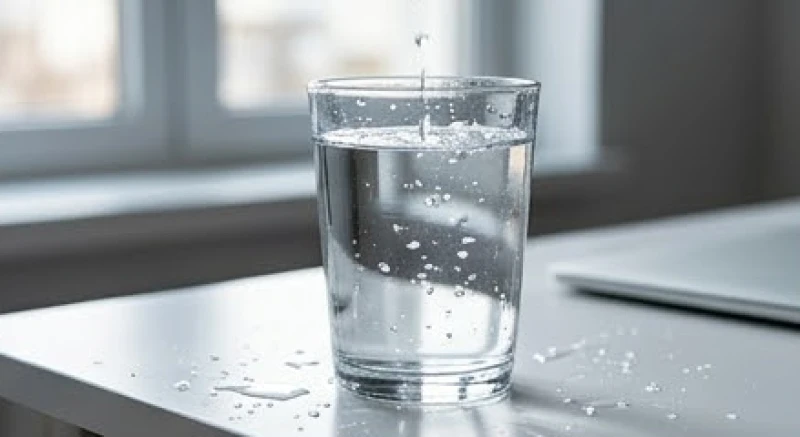 Một cốc thủy tinh chứa đầy nước lọc đang trào nhẹ ra ngoài bề mặt bàn làm việc