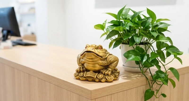 Tuổi Sửu hợp kinh doanh gì: Mặt hàng bán lẻ và hướng cửa hàng 13 Tượng cóc Thiềm Thừ ngậm tiền được đặt trang trọng bên cạnh chậu cây xanh mướt tại góc quầy thu ngân để chiêu tài lộc