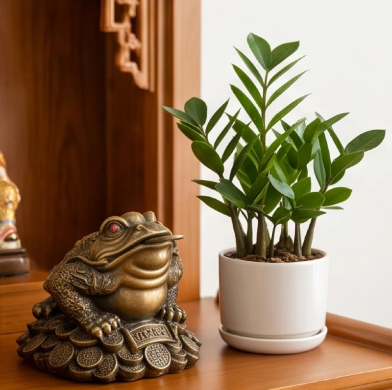 Cách bài trí bàn thờ Thần Tài cho tuổi Ngọ: sơ đồ và thủ tục 9 Tượng cóc Thiềm Thừ và chậu cây Kim Tiền nhỏ đặt hai bên góc bàn thờ Thần Tài