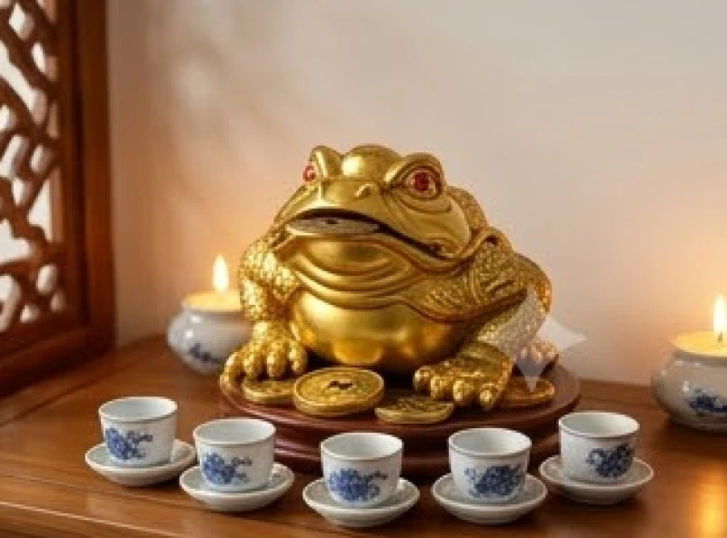 Tượng Cóc Thiềm Thừ ngậm tiền vàng được đặt trang trọng bên cạnh mâm bồng trên bàn thờ Thần Tài