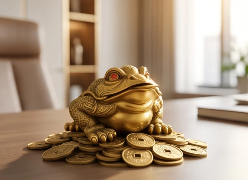 Tượng cóc ba chân Thiềm Thừ bằng đồng mạ vàng quay mặt vào trong bàn làm việc