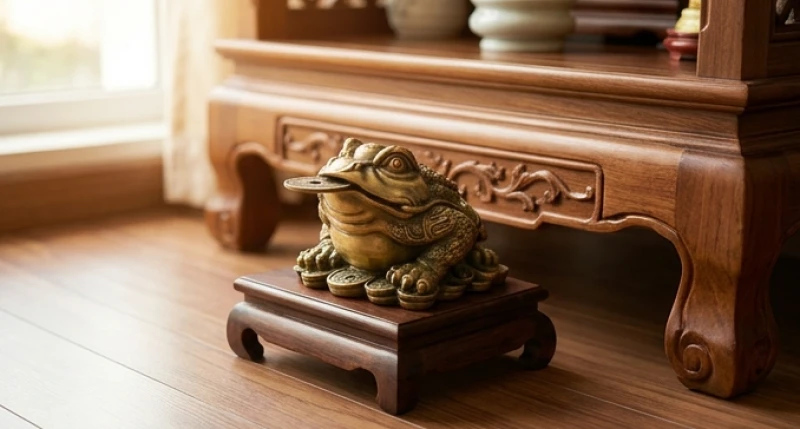 Tượng Cóc Thiềm Thừ ngậm đồng xu đặt trên đôn gỗ nhỏ bên trái khu vực thờ