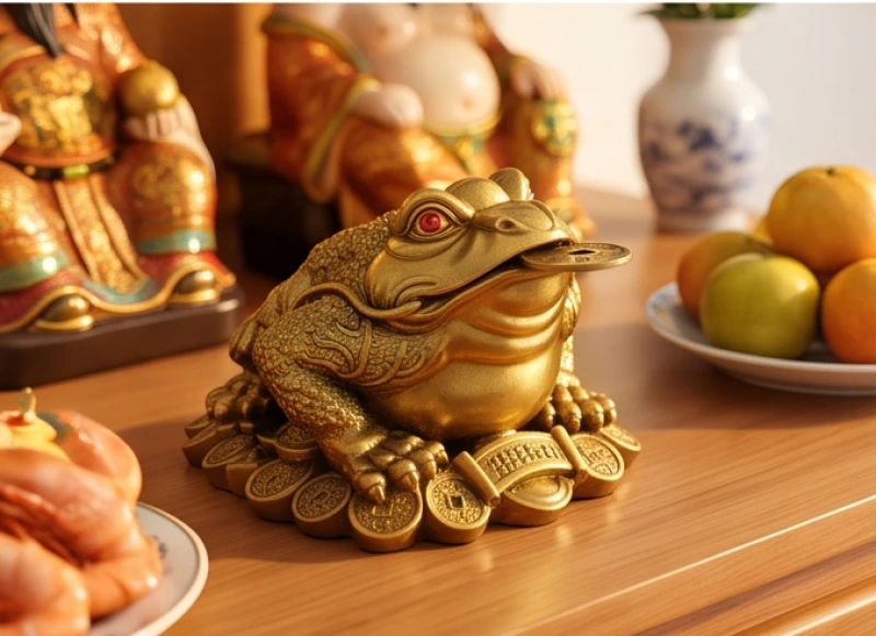Tượng Cóc Thiềm Thừ ngậm tiền vàng được đặt chéo góc trên bàn thờ, hướng mặt vào bát nhang để nhả tài lộc