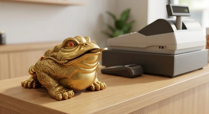 Tượng Cóc 3 chân ngậm tiền đặt hướng vào trong tại quầy thu ngân cửa hàng