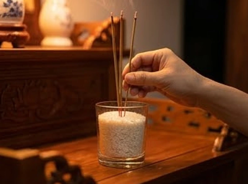 Chân nhang đang cháy dở được cẩn thận di chuyển sang cốc thủy tinh đựng đầy gạo tẻ trên bàn thờ