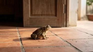 Chú cóc tự nhiên ngồi tĩnh lặng trên nền gạch hiên nhà mang ngụ ý phong thủy giải đáp cóc vào nhà là điềm gì