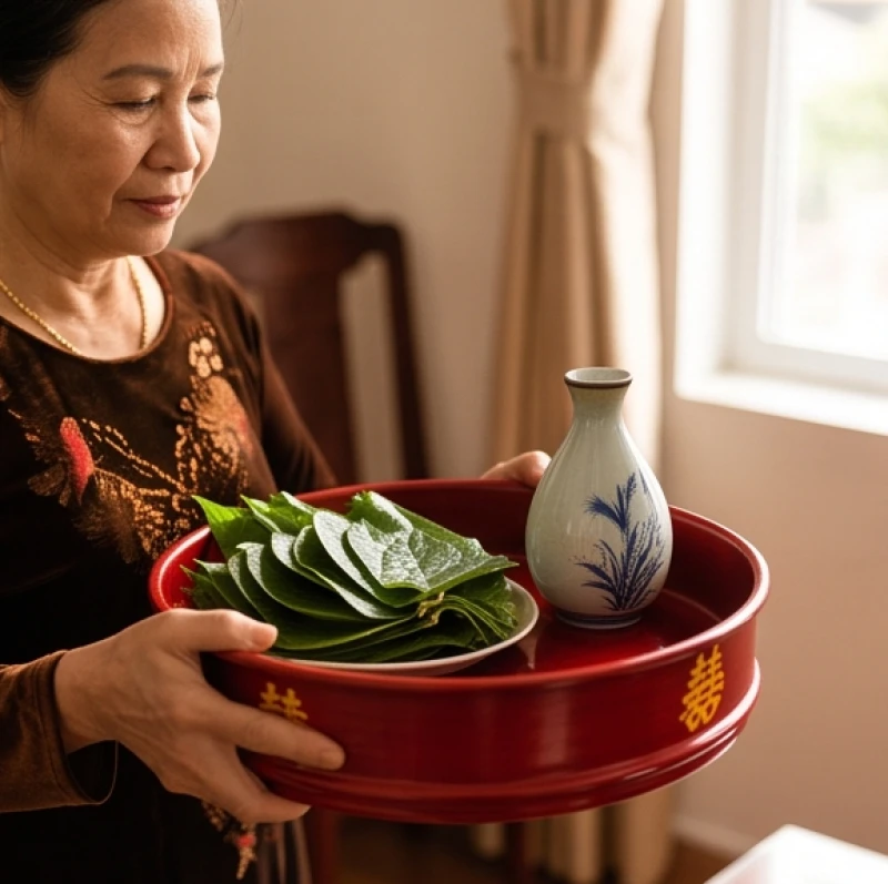 Văn khấn lễ cưới hỏi: Mẫu chuẩn từng nghi lễ và cách hành lễ 8 Cơi trầu nhỏ và nậm rượu đỏ được đại diện họ nhà trai mang vào làm lễ xin dâu