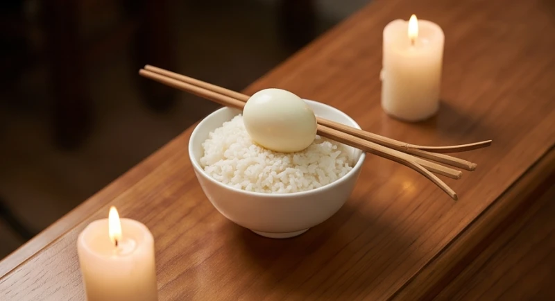 Văn khấn nhập quan: Bài cúng chuẩn truyền thống & sắm mâm lễ 4 Bát cơm bông đặt quả trứng luộc bóc vỏ và cắm đũa vót xòe đặt trang trọng trên nắp áo quan