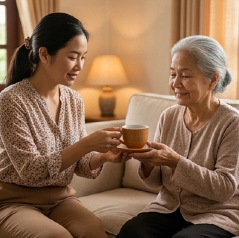 Tử vi trọn đời tuổi Tân Tỵ 1941 nữ mạng: sao hạn 2025 - 2026 2 Người cháu gái đang ân cần pha trà ấm chăm sóc cụ bà trong phòng khách