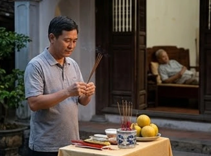 Con cháu thành tâm làm lễ dâng sao ngoài trời trong khi người cao tuổi nghỉ ngơi trong nhà