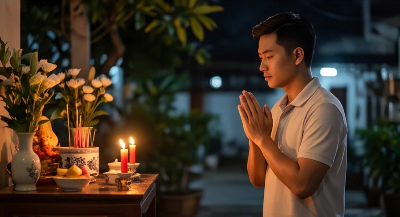Tử vi tuổi Quý Mùi 1943 năm 2027: Giải sao và phòng bệnh tuổi 85 7 Người đàn ông chắp tay thành kính lạy trước mâm cúng ngoài trời vào buổi tối