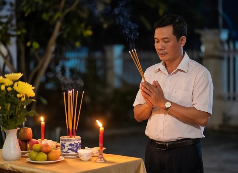 Người đàn ông trưởng thành đang đứng chắp tay thành kính thắp hương trước bàn thờ ngoài trời