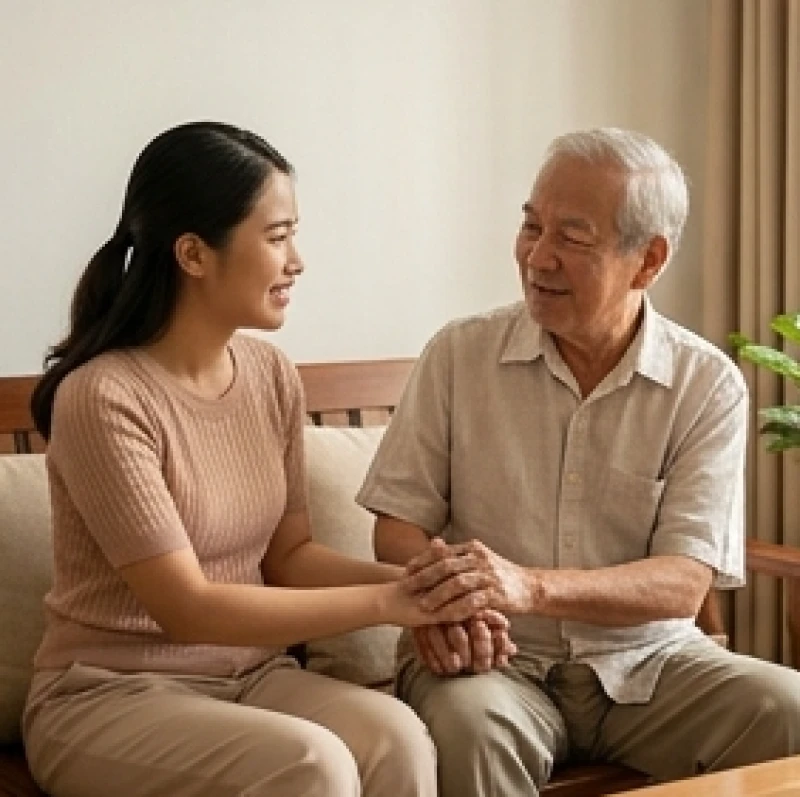 Tử Vi Trọn Đời Tuổi Giáp Thân 1944 Nam Mạng: Vận Hạn Tuổi 80+ 8 Người cháu gái đang ngồi cạnh trò chuyện vui vẻ và nắm tay cụ ông