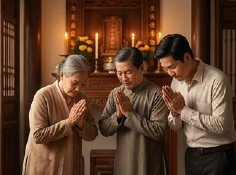 Con cháu chắp tay thành kính vái lạy trước bàn thờ để tưởng nhớ công lao sinh thành