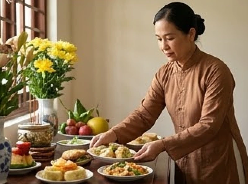 Người con dâu trưởng chuẩn bị mâm cơm cúng giỗ gia tiên nhà chồng một cách chu đáo và hết sức trang nghiêm