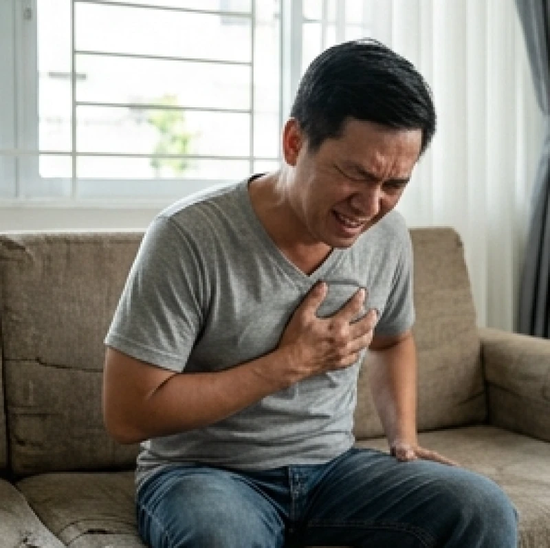 Người đàn ông ôm chặt ngực trái với nét mặt đau đớn dữ dội, biểu hiện nguy hiểm của cơn nhồi máu cơ tim cấp
