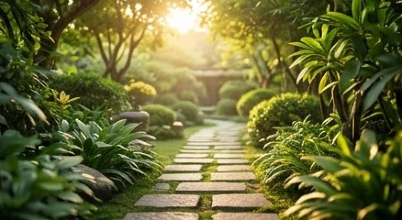 Một con đường lát đá phẳng lặng dưới ánh nắng ban mai tượng trưng cho vận trình suôn sẻ